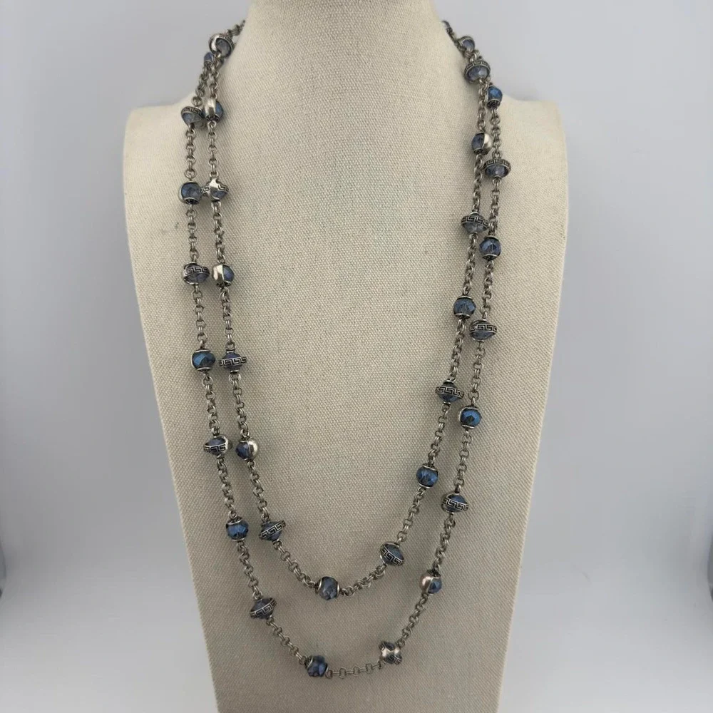 Premier Designs Greek Key Station Necklace Blue Crystal Long Layering Silver